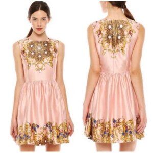 Joe Fresh Fit & Flare Pink Satin Cocktail Dress Size 8 Gold Blue Baroque Design